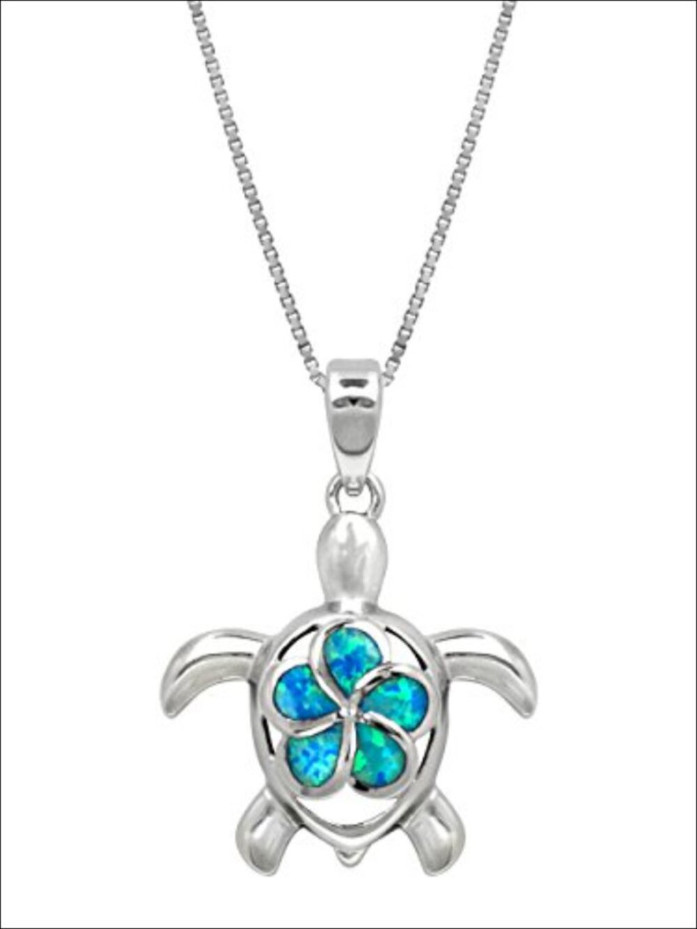Sterling Silver Turtle Sea Life Necklace Pendant Simulated Blue Opal Plumeria